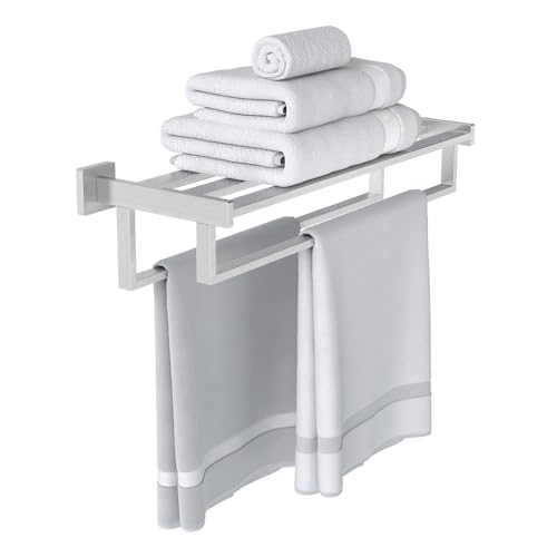 STWWO Double Towel Racks for Bathroom Wall Mounted, 24 Inch, Brushed Nickel | Double Towel Bar with Shelf, Dual Towel Rack with Shelf, Stainless Steel Hand Towel Hanger, Bath Towel Holder for Wall - color: Brushed Nickel