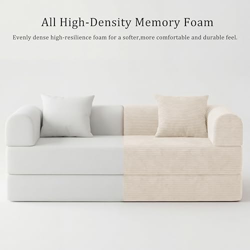 59" Boneless Couch,4-in-1 Futon Sofa Bed Modular Loveseat Sleeper Folding Compressed Couch with Pillows,No Assembly Required Convertible Sofa Bed for Living Room Bedroom Guest Room,Beige - color: Beige, size: 59.06" Loveseat Sofa