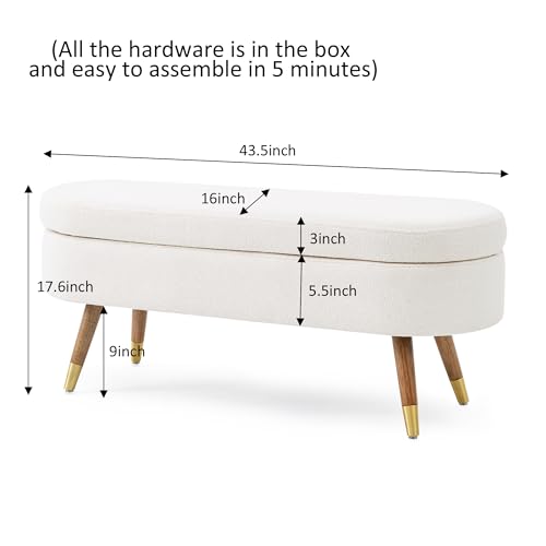 IAFIKE Oval Storage Bench 43.5" Ottoman Bench Upholstered Boucle Fabric Footrest Bench with Golden Metal Legs End of Bed for Bedroom, Living Room, Entryway,Bed Side (Ivory) - color: Ivory