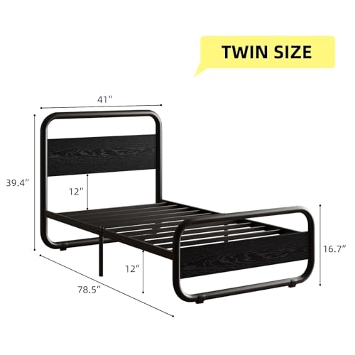 Twin Bed Frames, Metal Platform Twin Bed Frame with Wood Headboard, Black | RBG LED Lights/Heavy Duty Metal Slats Support/12 in Under-Bed Storage/Noise-Free/No Box Spring Needed/Easy Assembly - color: Black, size: Twin