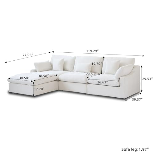 Cloud Couch Modular Sectional Sofa,119.29" L Shaped Couch, Oversized Down Filled Convertible Wide Seater,3 Seater with 1 Ottoman for Living Room Set, Covers Washable&Replaceable,White - color: White, size: L Shaped Seater
