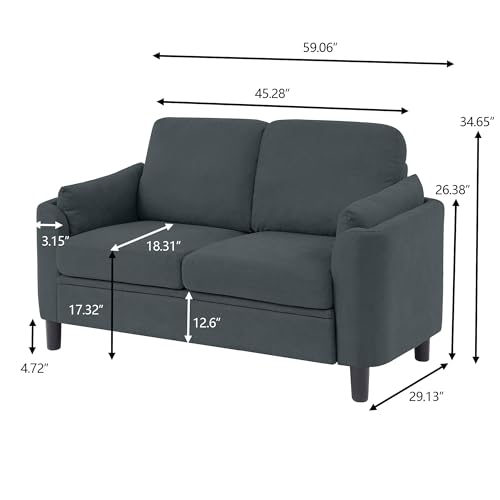 59" Loveseat Sofa, Mid Century Modern Love Seat with Back Cushions, 2-Seat Small Sofa Couch for Living Room Bedroom Small Spaces, Dark Grey - color: Dark Grey, size: Loveseat Sofa