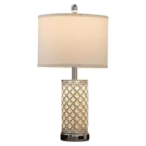 SAIWEYA 24in Crystal Table Lamp Bedroom Lamps for Night Stand Bedside | 3-Way Dimmable Touch with Night Ligh, 2 USB Ports + AC Outlet, White Fabric Shade, LED Bulb Included - color: Silver-1 Pack 24In