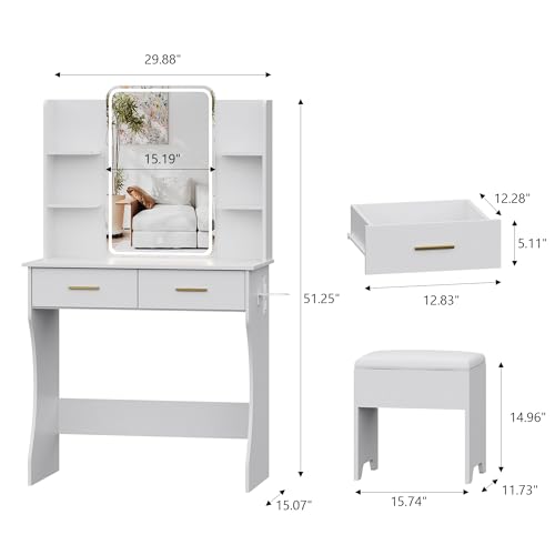 Small Vanity Desk with Mirror and Lights, Makeup Vanity with LED Lights, White Vanity Mirror with Lighted Desk and Chair, 3 Lighting Adjustable Compact Dressing Table with Mirror for Women, Girls - color: White, size: 29.88x15.09x51.30 in