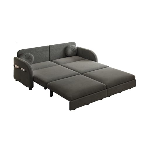 65.4'' Queen Size Sleeper Sofa Bed, 3-in-1 Pull Out Chenille Couch, Grey | Cozy Curved Armrest, Loveseat with USB, 2 Round Pillows, Washable Cover, Pocket, for Living Room, Apartment, Small Spaces, RV - color: Grey, size: 65.4'' Queen