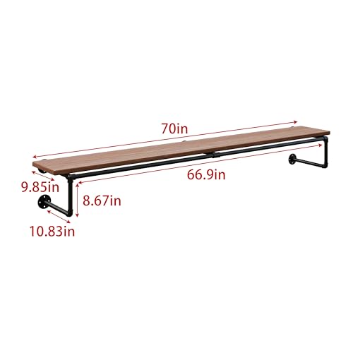 Clothes Rack 70in, Wall Mounted Garment Racks with Real Brown Wood Shelf, Heavy Duty Hanging Clothes Rack, Multi-Purpose Hanging Rod, Space-Saving Closet Storage - color: Brown, size: 1T70IN