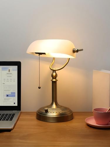 White Matted Stepless Dimmable Glass Bankers Desk Lamp | Table Lamp Plug in Fixture for Study Home Office Library, LED Bulb Included - color: White