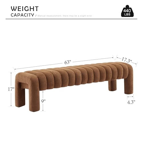 63" Bedroom Bench, Upholstered Entryway Bench, Modern End of Bed Ottoman with Solid Wood Legs and Adjustable Foot Pegs for Entryway, Dining Room and Living Room (Rust Brown Boucle) - color: Rust Brown Boucle, size: 63"