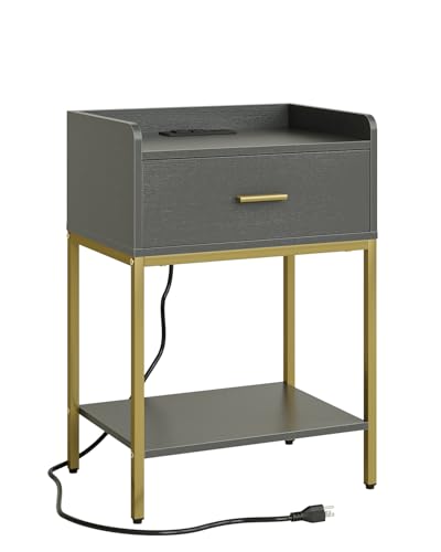Masupu Nightstand with Charging Station,3-Tier Modern Bedside Night Stand with Storage Drawer and Shelf,Small End Side Table for Bedroom,Living Room,Grey - color: Outlet-grey