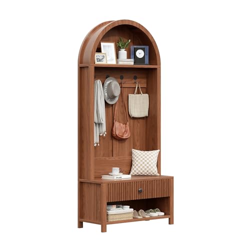 70.86-inch Entryway Hall Tree, Farmhouse-Style Wooden Coat Rack Freestanding, Entryway Organizer with Four Hooks, Standing Shoe Rack with Bench for Hallways, Foyers, and Living Rooms, Walnut - color: Walnut