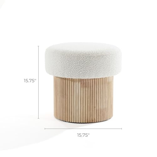 LuxenHome 15.5" Small Storage Ottoman with Padded Seat and Fluted Wood Base | Upholstered Footstool, Hidden Storage, Ivory Padded Seat, Fluted Wood Base, Vanity Stool, Small Footrest Stool