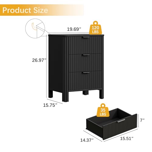 3 Drawer Black Dresser for Bedroom, 20" W Wood Storage Cabinet with Fluted Design, Modern Chest of Drawers for Living Room, Nursery Clothing Organizer with Metal Slides, Anti-Tipping - color: Black, size: 15.8"D x 19.7"W x 27"H (3 Drawers)