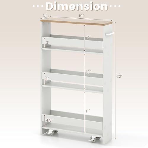 MAT EXPERT Slim Rolling Storage Cart, 4-Tier Freestanding Slim Storage Cart with Wheels 360 Degree & Metal Handle, Wooden Utility Cart for Narrow Kitchen, Laundry Room, Bathroom (White + Natural) - color: White + Natural