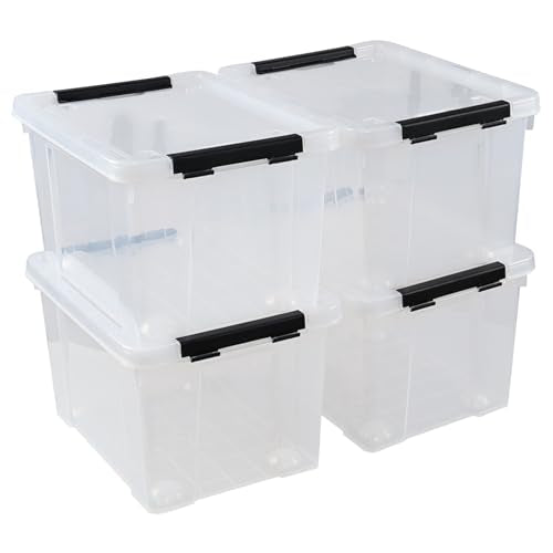 4-Pack 24 Quart Storage Box, Clear Plastic Storage Bin with Wheels | Secure Black Side Latches, Built-In Rolling Wheels, Space-Saving Stackable Home Organizer - size: 24 quart