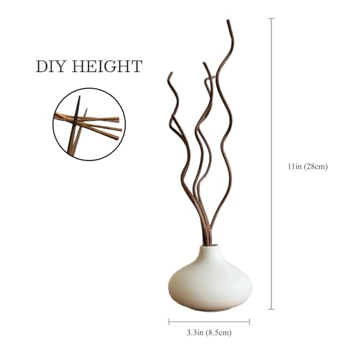 White Ceramic Vase, DIY Empty Reed Diffuser Bottle with Wavy Brown Rattan Sticks for Essential Oils, Set of 2, Aromatherapy, Modern Minimal Decor