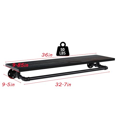 Black Clothes Rack 36in, Wall Mounted Garment Rack with Black Real Wood Shelf, Heavy Duty Hanging Clothes Rack, Multi-Purpose Hanging Rod, Space-Saving Closet Storage - color: Black, size: 1T36IN