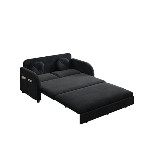 52.4'' Full Size Sleeper Sofa Bed, 3-in-1 Pull Out Chenille Couch, Black | Cozy Curved Armrest, Loveseat with USB, 2 Round Pillows, Washable Cover, Pocket, for Living Room, Apartment, Small Spaces, RV - color: Black, size: 52.4'' Full