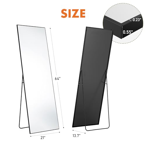 Sweetcrispy 64"x21" Full Length Mirror, Standing Full Body Mirror, Black | Aluminum Alloy Thin Frame, Floor or Standing, Suitable for Bedroom, Living Room, Cloakroom - color: Black-rectangle, size: 64"L x 21"W