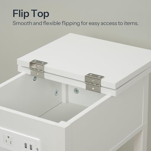 HOOBRO End Table with Charging Station, Flip Top Side Table with USB Ports, Narrow Nightstand Bedside Tables with Storage Shelves, for Small Space, Living Room, White WT141UBZ01 - color: White