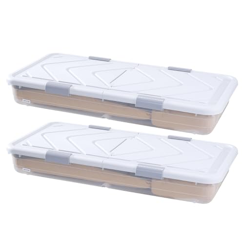 VEVOR Under Bed Storage with Wheels, 39.8 x 20.1 x 5.9 inch Underbed Containers, Underbed Shoes Organizer with Lid & Gray Latch, Rolling Under the Bed Storage Bins for Clothes Shoes Blankets, 2 Pack