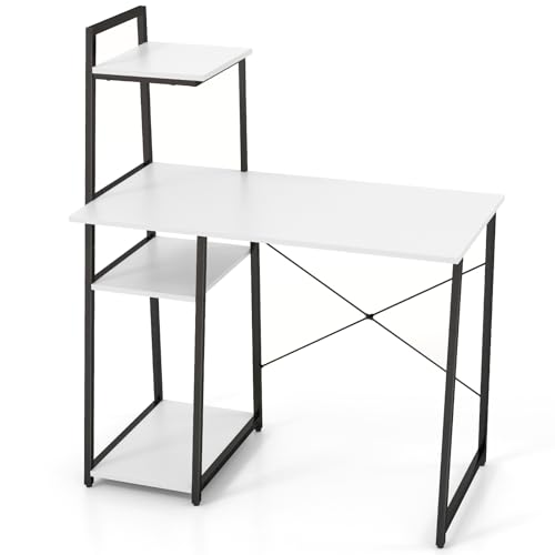 Tangkula Computer Desk with Shelves, Space Saving Home Office Desk with 3-Tier Ladder Shaped Storage Bookshelf, Modern Writing Study Desk with Metal Frame, Compact Computer Workstation (White) - color: White