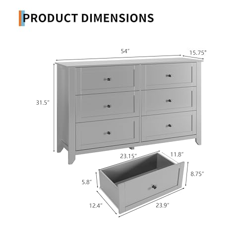 IDEALHOUSE 6 Chest of Drawers for Bedroom, 54''L Drawer Dresser, Grey | Simply 6 Drawer Dresser for Hallway Entryway, 15.8"D x 54"W x 31.5"H, Modern Lacquered Storage Organizer for Living Room - color: Grey, size: 15.8"D x 54"W x 31.5"H (6 Drawers)