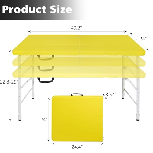 Portable 4Ft Folding Table, Heavy Duty Plastic Fold-in-Half Utility Foldable Table Small, Adjustable Height Plastic Folding Table with Carrying Handle for Camping &Party Indoor/Outdoor(Yellow) - color: Yellow, size: 4Ft