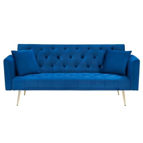 71" Modern Velvet Sofa Bed Futon, Convertible Sleeper Couch, Adj. Backrest | Tufted Recliner Loveseat Design with Golden Chrome Legs & 2 Pillows, Perfect for Small Spaces, Living Room, Apartment - color: Blue