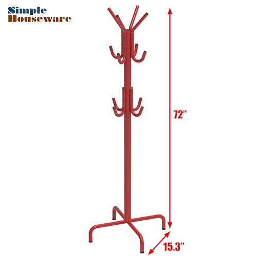 Simple Houseware Standing Coat/Hat Hanger Organizer Rack, 12 Hooks, Red | For Entryway, Bedroom, and Hallway - color: Red