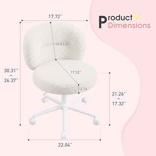 Homkdom Round Vanity Chair with Silent Wheels, 17.32" Wide Seat | Height Adjustable, 360 Swivel & Smooth Rolling, Armless Design for Makeup and Study - White - color: White