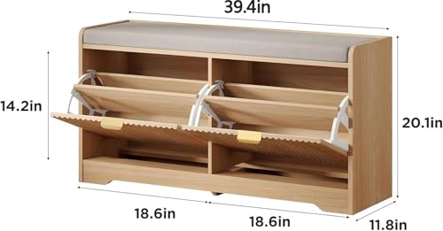 Maupvit 39.4" Fluted Shoe Bench with Storage, Narrow Entryway Bench,Natural | with Removable Seat Cushion & 2 Flip-Drawers, Shoe Cabinet Bench, Boho Hidden Shoe Rack for Entrance, Hallway, Living Room - color: Natural