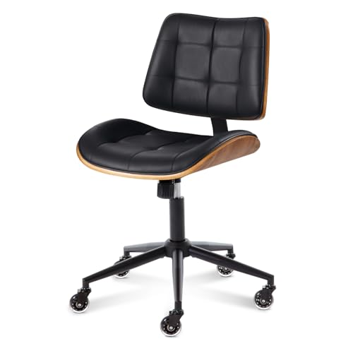 Home Office Desk Chair with Rubber Wheels, Armless Bentwood, Black | Adjustable Height Armless Office Chair, PU Leather Mid Back 360°Small Computer Chair, No Arms Walnut Seating, 300LBS Support - color: Black, size: Standard Style