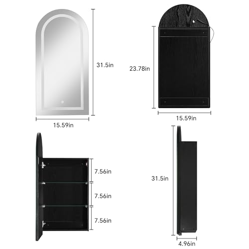 FUSUNBAO Arched Medicine Cabinet with LED Light, Recessed Black Bathroom Mirror Cabinet with Integrated Storage, Wall-Mounted Mirror Medicine Cabinet (Black) - color: Black, size: Arched
