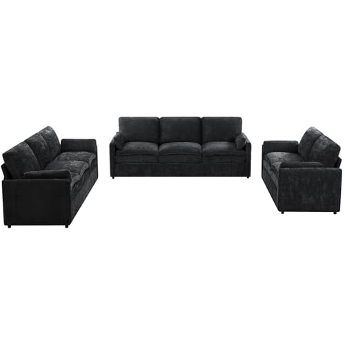 3 Pieces Chenille Sofa Set w/Two Arm Pillows, Black | Upholstered Loveseat & 2 Pieces 3-Seater Sofa w/Soft Cushions, Modern 2-Seat & 3-Seat w/High-Density Foam for Living Room - color: Black, size: 69" & 89" & 89" Sofa Set