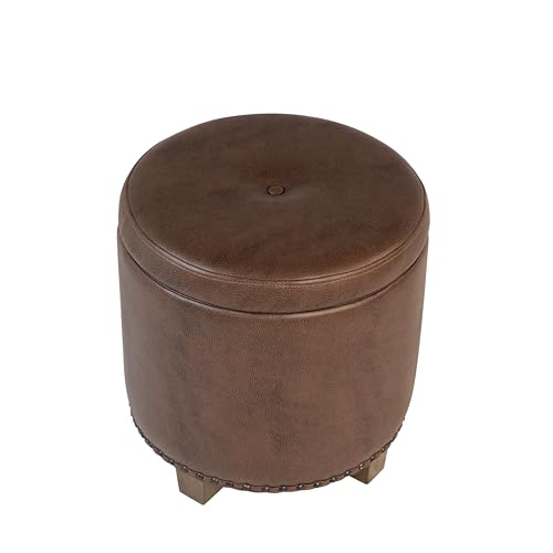 HomePop 18.5" Round Storage Ottoman with Nailheads - Brown Faux Leather - color: Brown Faux Leather