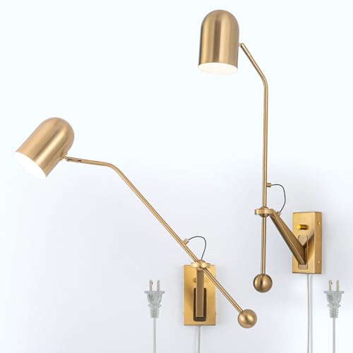Gold Swing Arms Wall Lamp Plug in Reading Light Modern Sconces Adjustable Wall Mounted Light Fixture for Bedside Living Room Bedroom,2 Pack - color: B-Gold-2 Pack