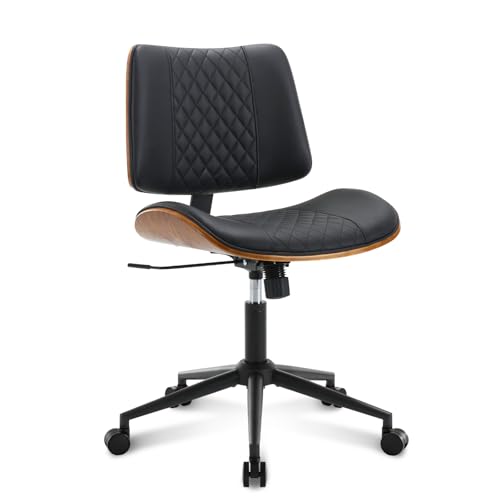 Home Office Chair No Arms with Wheels, Mid Back Walnut Style,Black-2 | Adjustable Height Small Desk Chair, PU Leather Mid Back 360 Swivel Computer Seating, Armless Walnut Office Chair, 300LBS - color: Black, size: MCM Style-2Pack