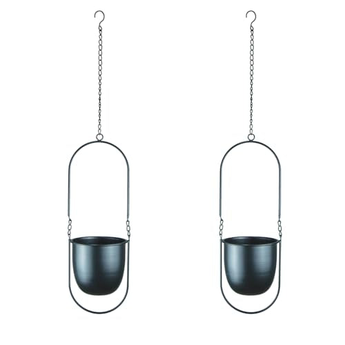Modern Metal Hanging Planters with 6 Inch Pots and Sleek Chains - Set of 2 Oval Geometric Plant Hangers - Black Wall and Ceiling Mount Flower Holders for Indoor Décor - size: OVAL-6 INCH POT-V2