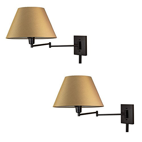 Kira Home Cambridge 15" Modern Swing Arm Wall Sconce + 3-Way Switch, 2-Pack | Golden Bronze Empire Fabric Shade, 2-in-1 Plug In or Hardwired Bedroom Wall Lamp, Black Finish - color: Black,Golden Bronze Shade,2-Pack