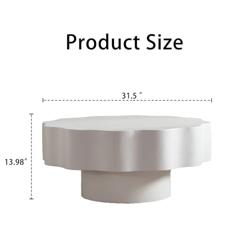 Modern White Scalloped Coffee Table 31.5" Round Wood Center Table Wave-Shape Coffee Tea Tables with Pedestal Base for Living Room Apartment Small Space (White) - color: White