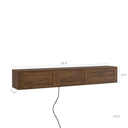 Floating TV Stand Wall Mounted with Led Lights & Power Outlets, Wooden Media Console for TVs Up to 70 Inch, Entertainment Center Television Table Cabinet for Living Room, Walnut - color: Walnut, size: 68.9" W x 10.6" H