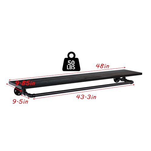 Black Clothes Rack 48in, Wall Mounted Garment Rack with Real Wood Shelf, Heavy Duty Hanging Clothes Rack, Multi-Purpose Hanging Rod, Space-Saving Closet Storage - color: Black, size: 1T48IN