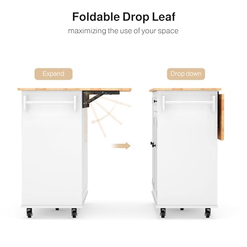 47.6" Kitchen Island with Storage, Drop Leaf, Knife Holder, White | Kitchen Island on Wheels with Door Cabinet, Drawer, Spice Rack, Towel Rack, and Knife Holder for Kitchen Storage - size: 47.6 Inch-White