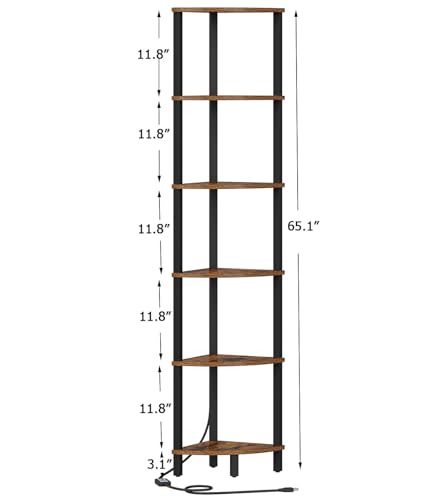 VIMBER 6-Tier Corner Shelf with LED Light, Industrial Corner Ladder Shelf, Rustic Display Shelf for Living Room, Bedroom, Kitchen, Home Office, Sturdy Frame, Rustic Brown and Black UJSJ002F - color: Rustic Brown and Black, size: 6-Tier with LED