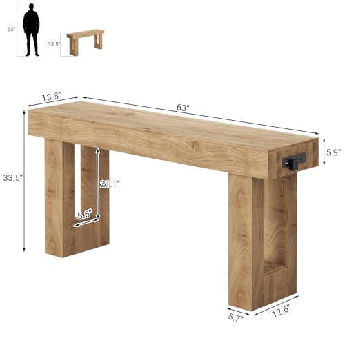 Unikito 63'' Farmhouse Console Table with Outlets & Sensor Light | Wooden Entry Table with Storage, Narrow Sofa Tables Behind the Couch, Versatile for Entrance/Foyer/Living Room Natural Oak - color: Natural Oak, size: 63IN
