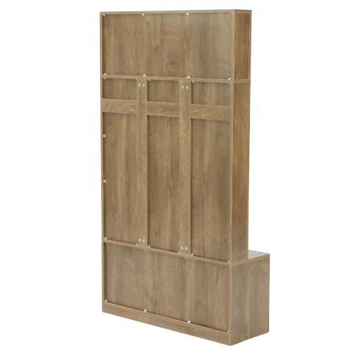 LITTLE TREE Hall Tree with Shoe Storage, Entryway Bench with Coat Rack | 6 Double Hooks, Entryway Storage Furniture, Mudroom Bench with Storage and Hooks, Farmhouse Hall Tree, Hallway Tree, Brown