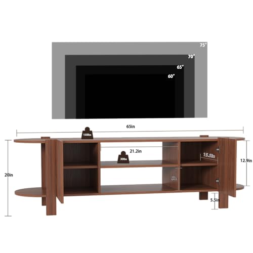 65 Inch TV Stand for Up to 75 inch TVs, Fluted Entertainment Center with Adjustable Shelve, Curved Round Corner TV Console Table with Storage for Living Room, Bed Room (Walnut Color) - color: Walnut Color