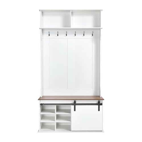 VEVOR Hall Tree with Bench and Shoe Storage, 42" Wide, Entryway Hall Tree with Bench, Hanging Hooks, Storage Shelves, Adjustable Shoe Shelves, Wooden Furniture for Mudroom, Entryway, Hallway, White - size: 41.7 x 15.7 x 78.7 in