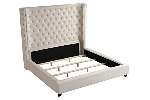 Jaclyn Upholstered Low-Profile Platform Bed Frame, Beige - Queen | Velvet Fabric, 70" Tall Straight Edge Headboard, Button Tufting, Nailhead Trim, Transitional Style - color: Beige, size: Queen (U.S. Standard)