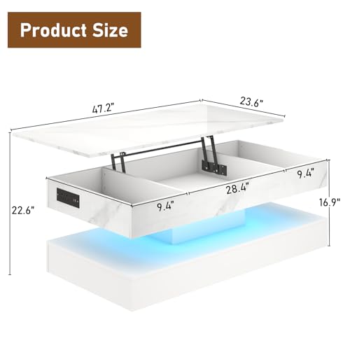 chartustriable 47.2" Large Lift Top Coffee Table, Modern LED High Glossy Coffee Table with Storage for Living Room, Lift Up Living Room Center Tables with Charging Station, LED Lights, White - color: White, size: 47.2"